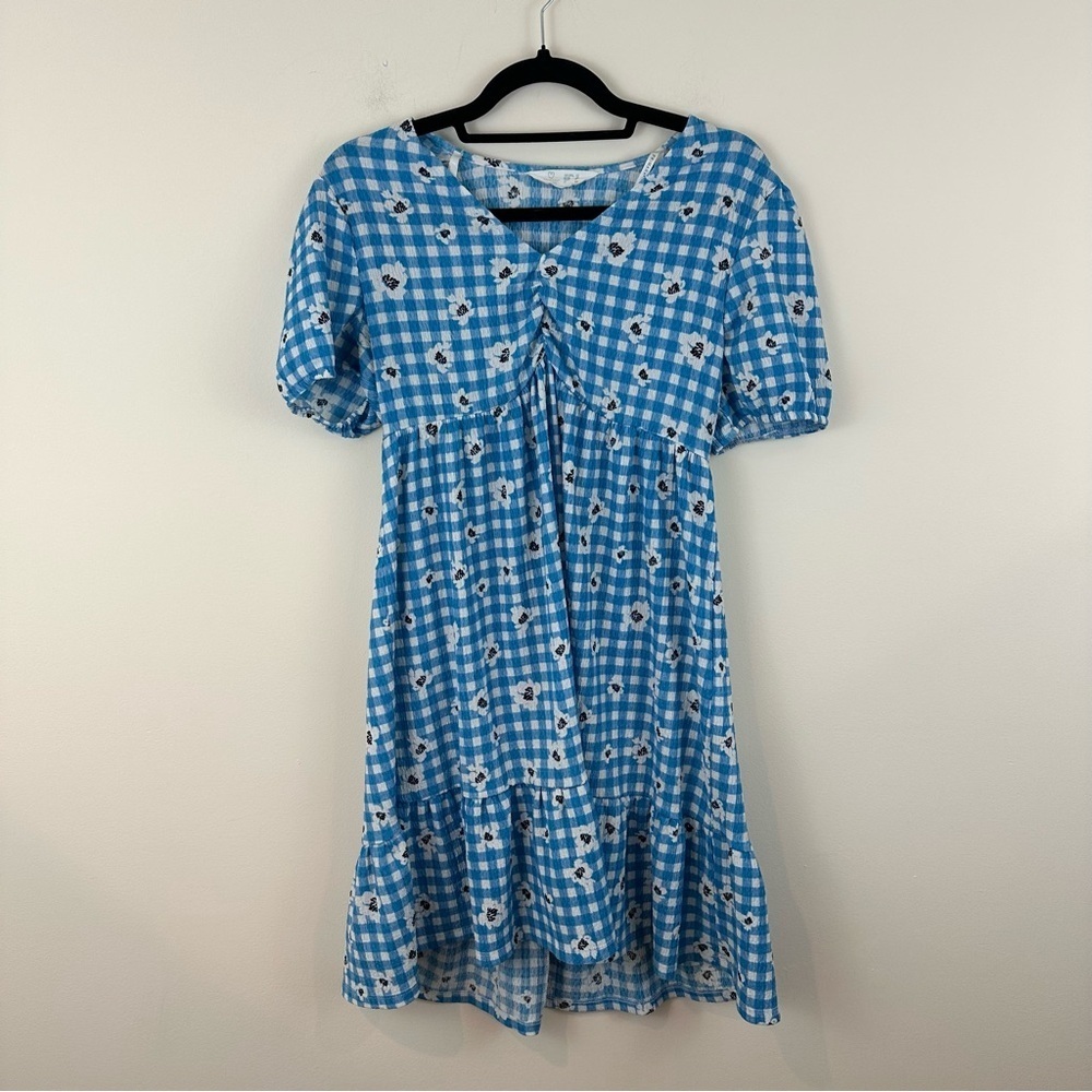 Primark Blue Gingham Floral Mini Dress Ruffle Bottom Size 8